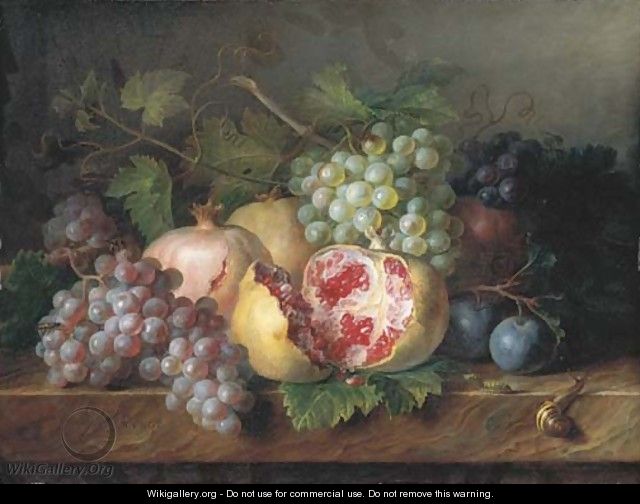 Pomegranates, grapes and plums with a snail and a caterpillar on a marble ledge - Cornelis van Spaendonck