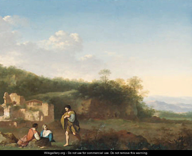 An Italianate landscape with peasants resting in the foreground, a ruined villa beyond - Cornelis Van Poelenburgh
