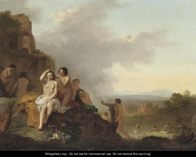 Nymphs resting and bathing in an Italianate landscape - Cornelis Van Poelenburch