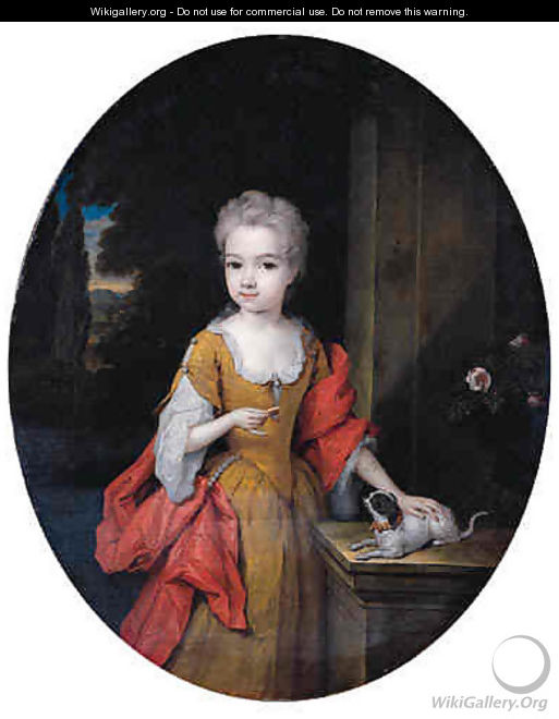 Portrait of Henriette Bentinck (1705-1792), later Countess of Clan Brassill, standing small three-quarter length, on a terrace - Constantin Netscher