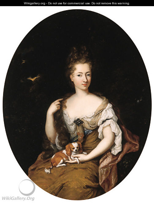 Portrait of a noblewoman, seated small three quarter length in a landscape, wearing a blue lined, ochre silk dress with lace chemise - Constantin Netscher
