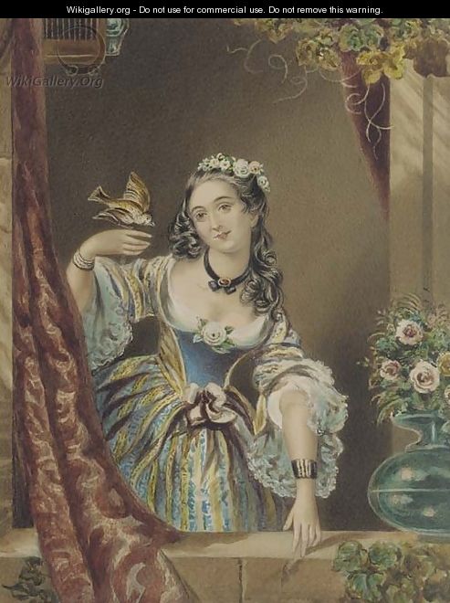 Portrait of a young lady by a ledge, with a bird in her hand - Continental School