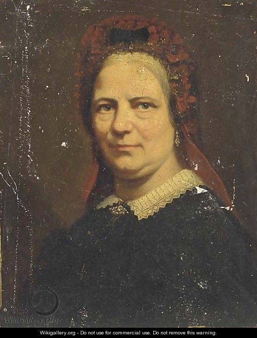 Portrait of a lady, bust-length, with a red head-dress - Continental School