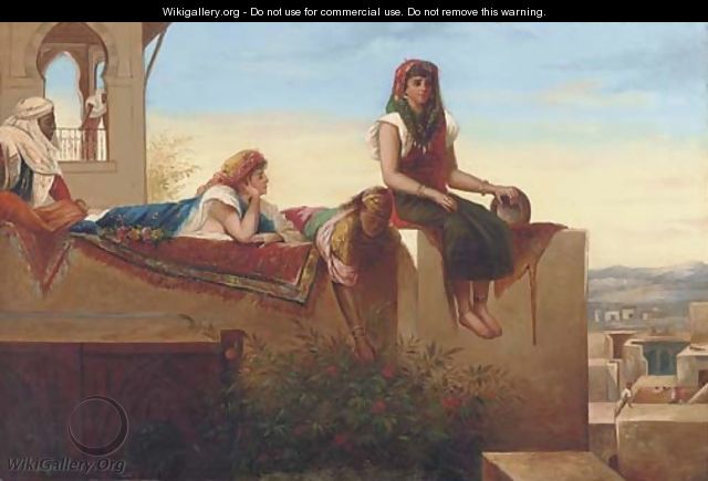 Eastern beauties reclining on a rooftop - Continental School