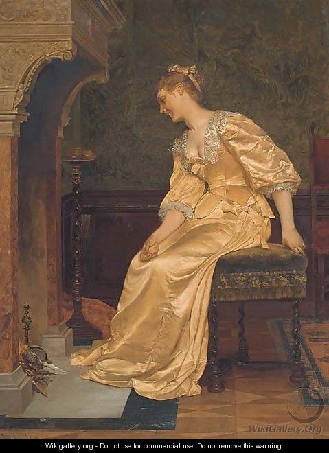 An elegant lady seated before a fire - Continental School