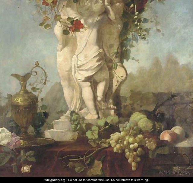 A Grecian statue with fruit and foliage and a bronze ewer - Continental School