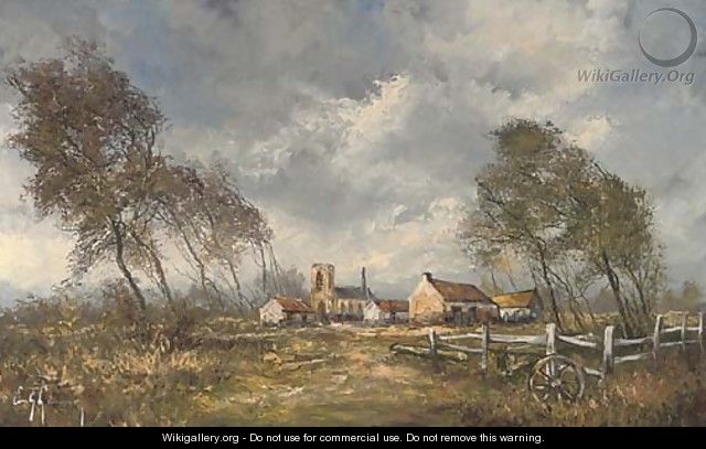 A rustic landscape, with a church and buildings beyond - Continental School