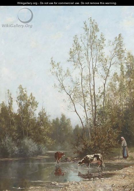 Watering cattle at the edge of the river - Continental School