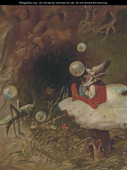 An elf on a toadstall with a grasshopper - Continental School
