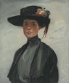 Portrait of a lady, half-length, in a black dress and hat - Continental School