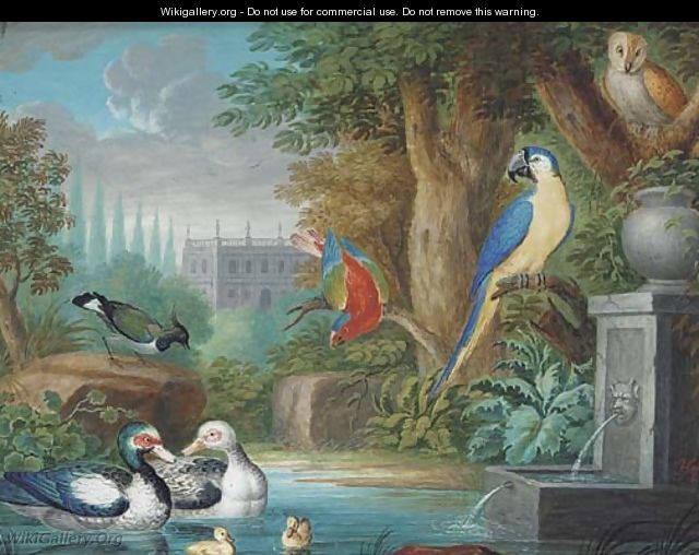 Parrots, ducks and an owl before an Italianate villa (illustrated); and Exotic birds on a riverbank - Continental School