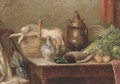 Hare, duck, cabbage, onions and a jug on a table - Continental School