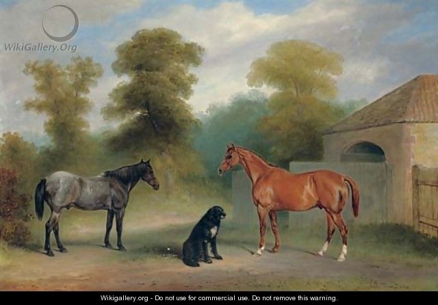 A chestnut hunter with a roan pony and dog before a stable - Claude L. Ferneley