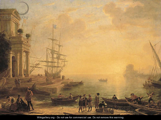 A capriccio of an Italianate harbour at sunset, with merchants, fishermen and stevedores on the shore in the foreground, men-o