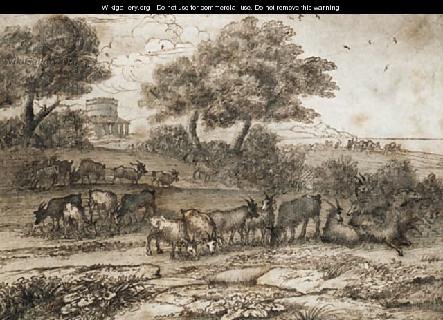 An extensive Mediterranean landscape with a tower and a herd of goats - Claude Lorrain (Gellee)