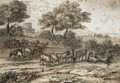 An extensive Mediterranean landscape with a tower and a herd of goats - Claude Lorrain (Gellee)