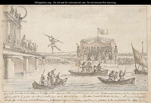 A tightrope walker crossing the Seine near the Concorde bridge in front of the governmental box on 15 August 1807 - Claude Louis Desrais