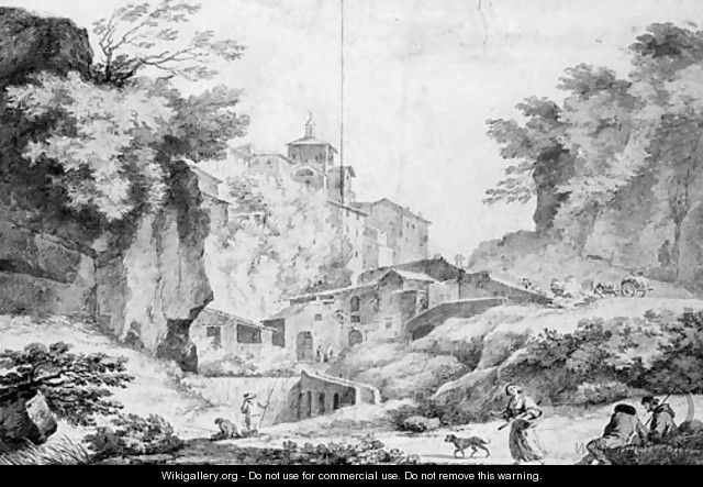 Peasants by a rocky gorge below an Italian hill town - Claude-joseph Vernet