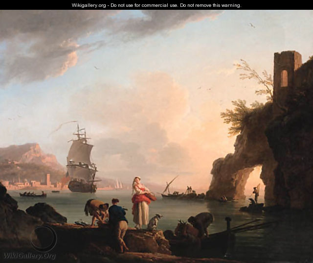 La Peche heureuse A Mediterranean coast at sunset with fisherfolk unloading a catch near a natural arch, a frigate offshore, and a city beyond - Claude-joseph Vernet