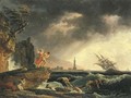 A stormy coastal seascape with survivors from a shipwreck on a rocky outcrop - Claude-joseph Vernet