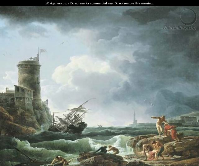 A storm with a shipwreck by a fortress, a castaway in the foreground - Claude-joseph Vernet