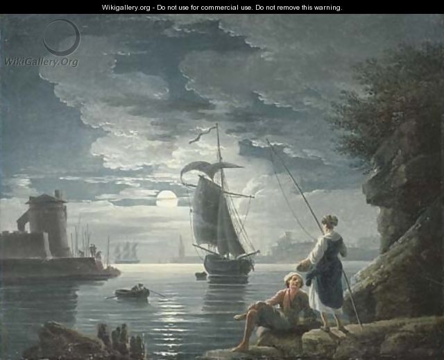 A rocky harbour by moonlight with a peasant couple conversing in the foreground - Claude-joseph Vernet