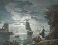 A rocky harbour by moonlight with a peasant couple conversing in the foreground - Claude-joseph Vernet