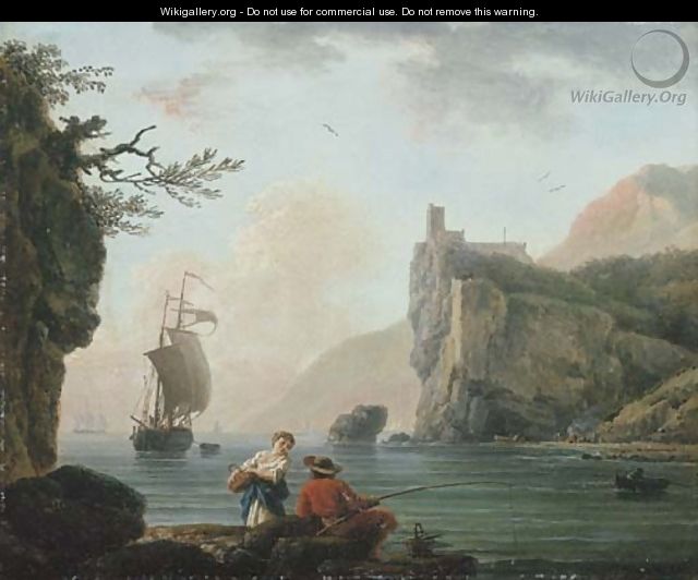 A rocky coastal landscape with a fisherman talking to a peasant girl - Claude-joseph Vernet