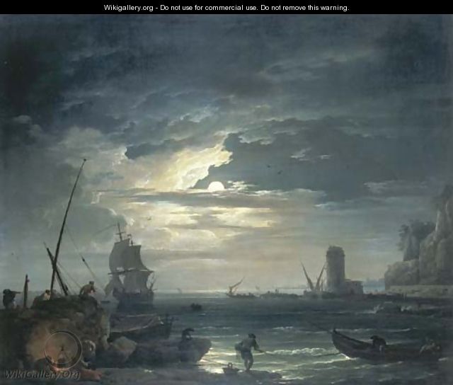 A Mediterranean inlet by moonlight with fisherfolk cooking by a rock, a three-master about to drop anchor and a tower beyond - Claude-joseph Vernet