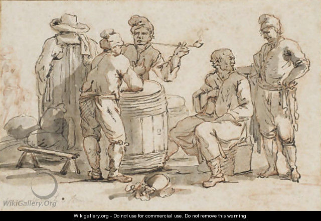 A group of men talking around a barrel, one smoking - Claude-joseph Vernet