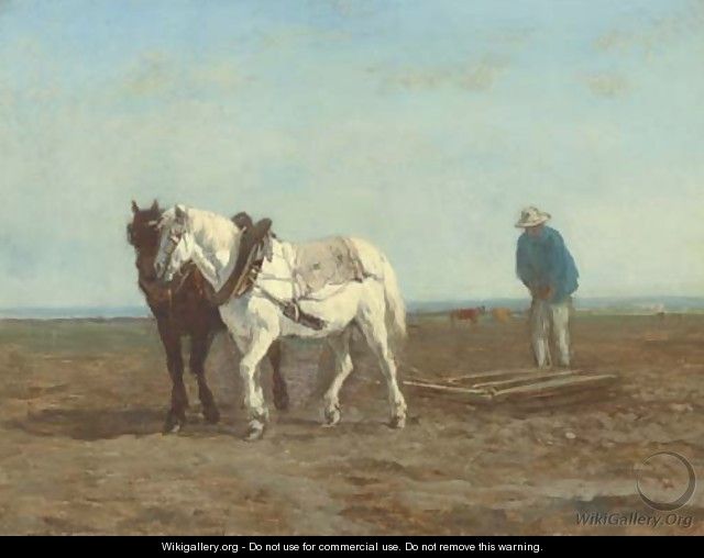 Deux chevaux atteles AA  une herse, conduits par un paysan - Constant Troyon