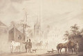 Horsemen by a village square, a church beyond - Conradyn Cunaeus