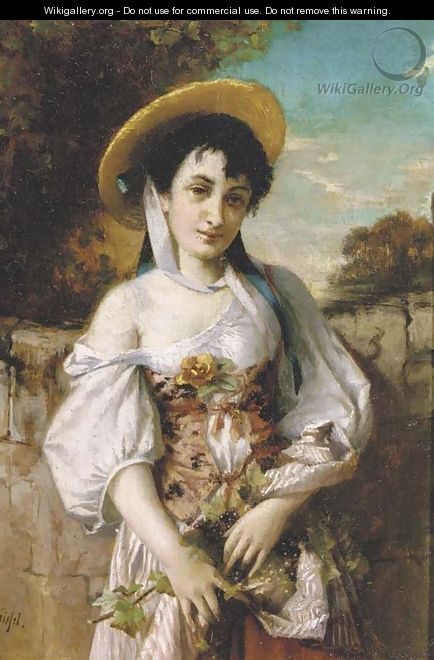 A young beauty with harvested grapes in her apron - Conrad Kiesel