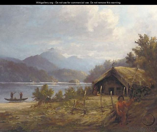 A native figure standing near a thatched barn by a lake - Colonial School