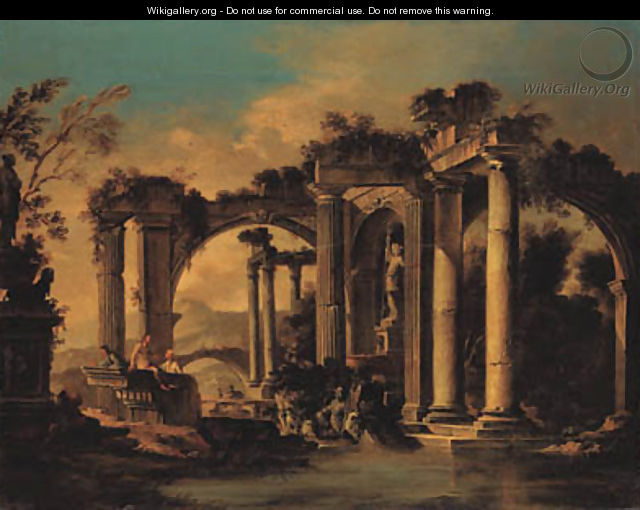 Capricci of lakeside classical ruins with peasants - (after) Viviano Codazzi