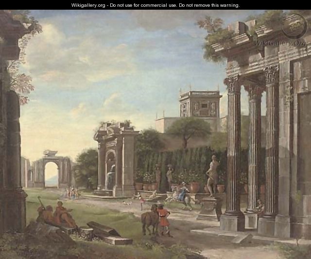 An arhitectural capriccio of classical ruins with elegant company - (after) Viviano Codazzi