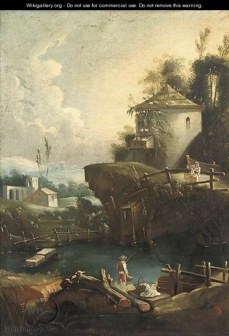 A river landscape with a boy fishing, a dovecote on a rise beyond - (after) Vittorio Amadeo Cignaroli