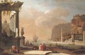 A Mediterranean harbour with Oriental merchants conversing by a ruined temple - (after) Thomas Wyck