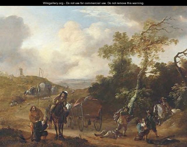 A wooded landscape with travellers ambushed on a country road - (after) Thomas Wijck