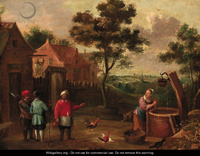 Peasants conversing on a track by a well in a village - (after) Thomas Van Apshoven
