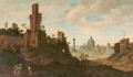 An extensive landscape with elegant figures passing a beggar on a track, ruins nearby and a 