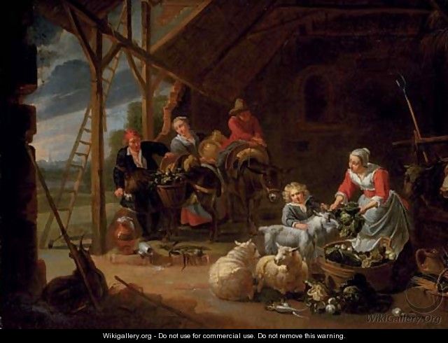 A peasant woman selling vegetables in a barn with travellers loading their donkeys - (after) Willem Van, The Elder Herp