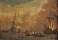 A man-o'-war firing at a sinking ship, smallschips exchanging fire from close range - (after) Willem Van De, The Younger Velde