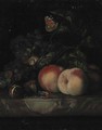 Grapes, peaches and walnuts, with a snail and a butterfly in foliage on a marble ledge - (after) Willem Van Aelst