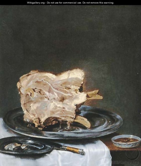 A ham on a pewter plate on a drapped table - (after) Willem Claesz. Heda