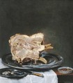 A ham on a pewter plate on a drapped table - (after) Willem Claesz. Heda