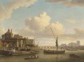 Messrs Peach and Larkin's barge building yard on the Lambeth bank of the Thames, Westminster Abbey beyond - (after) William Marlow