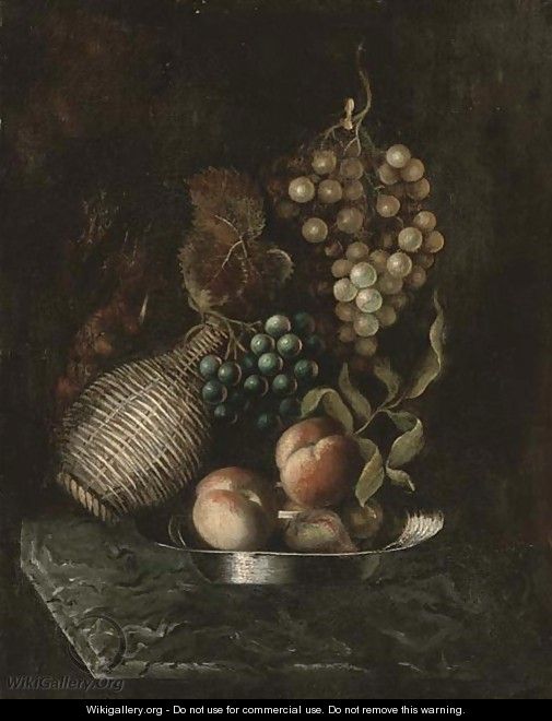 Grapes, a bottle, and peaches on a platter, on a marble ledge - (after) William Jones Of Bath