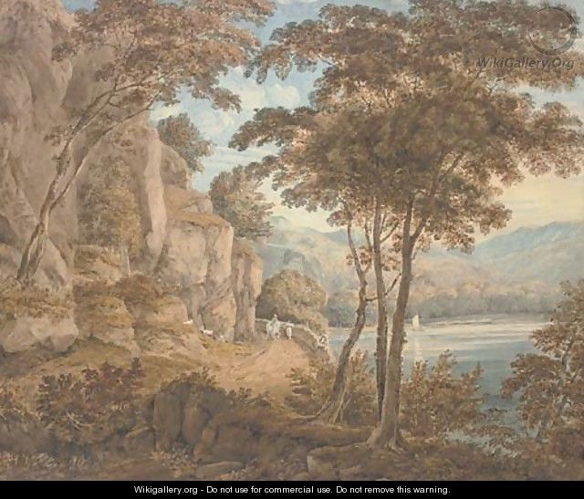 Travellers on a road by a lake, mountains beyond - (after) William Havell