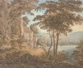 Travellers on a road by a lake, mountains beyond - (after) William Havell